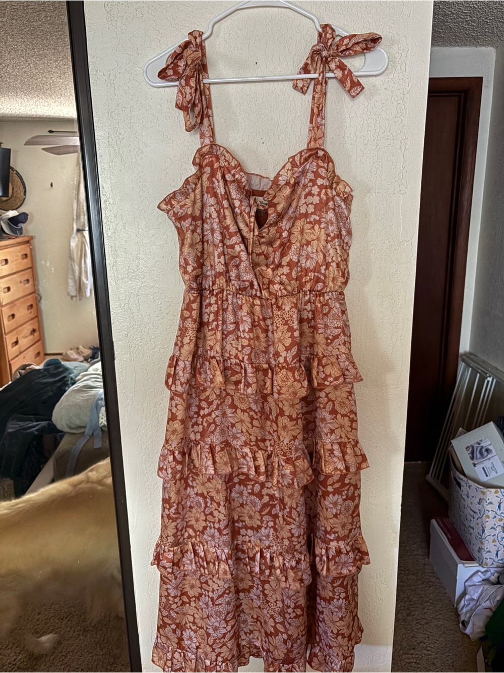 Peach Love California muted pink Floral Tiered Midi Dress with Tie Straps